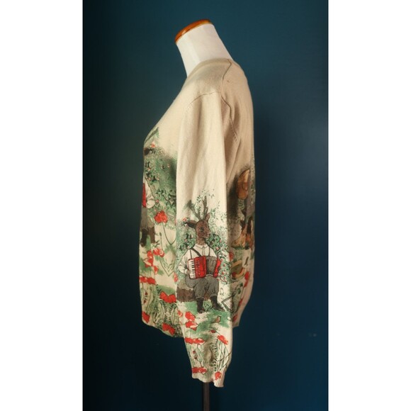 Womens Crewneck Cream Cozy Sweater Whimsical Folk Woodland Deer Cottagecore M - Picture 9 of 13